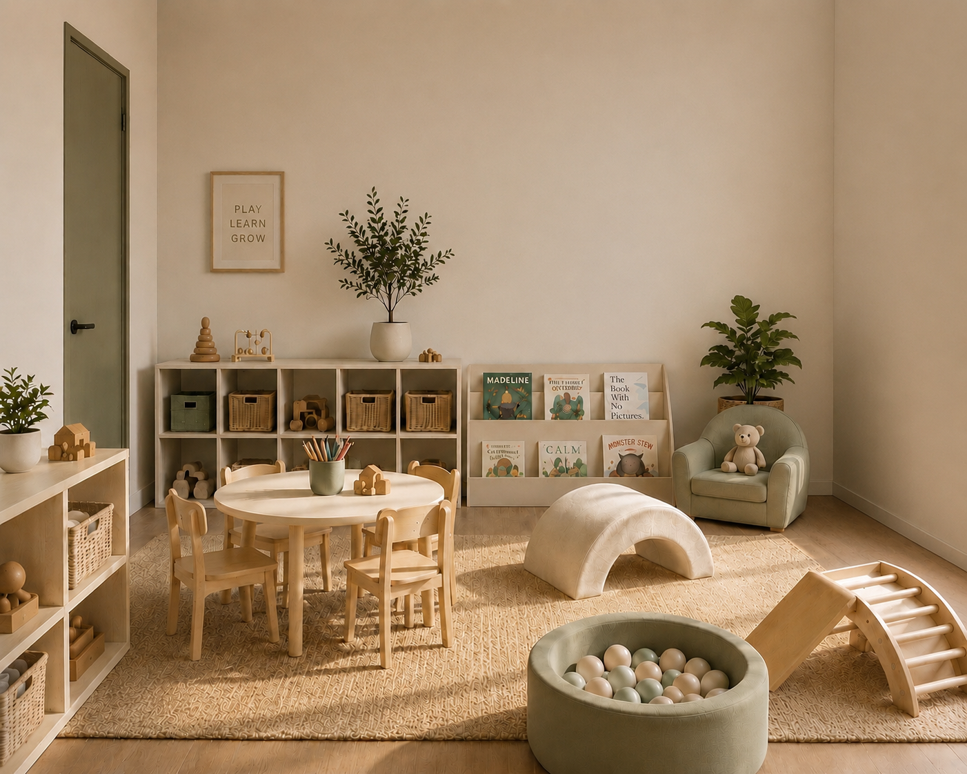 The Core Kids crèche, a warm supervised space with wooden toys, books and natural textures