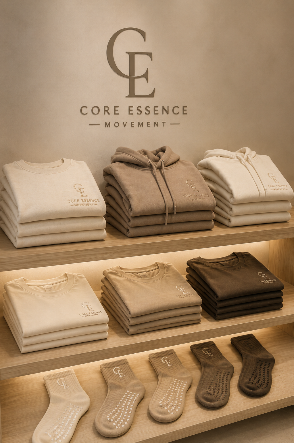 Curved wooden shelves displaying Core Essence Movement apparel, neutral hoodies, t-shirts and grip socks beneath the studio monogram