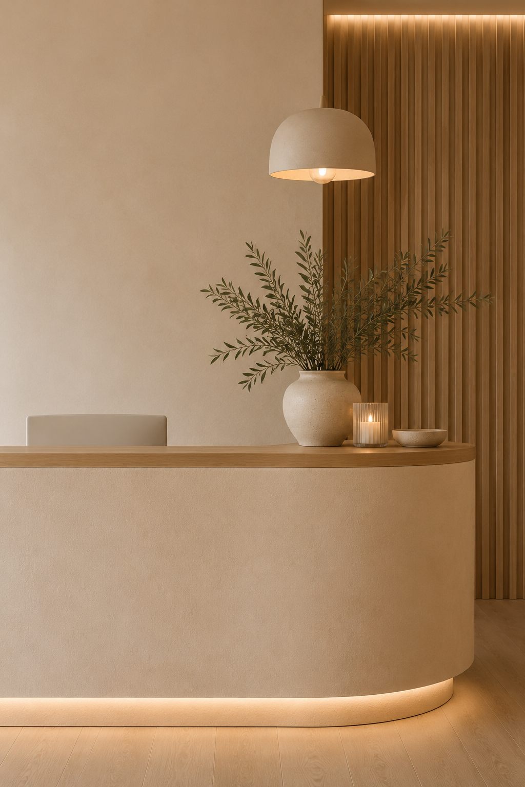 Curved reception desk in warm wood and cream tones, with a pendant lamp, olive branch and soft uplighting