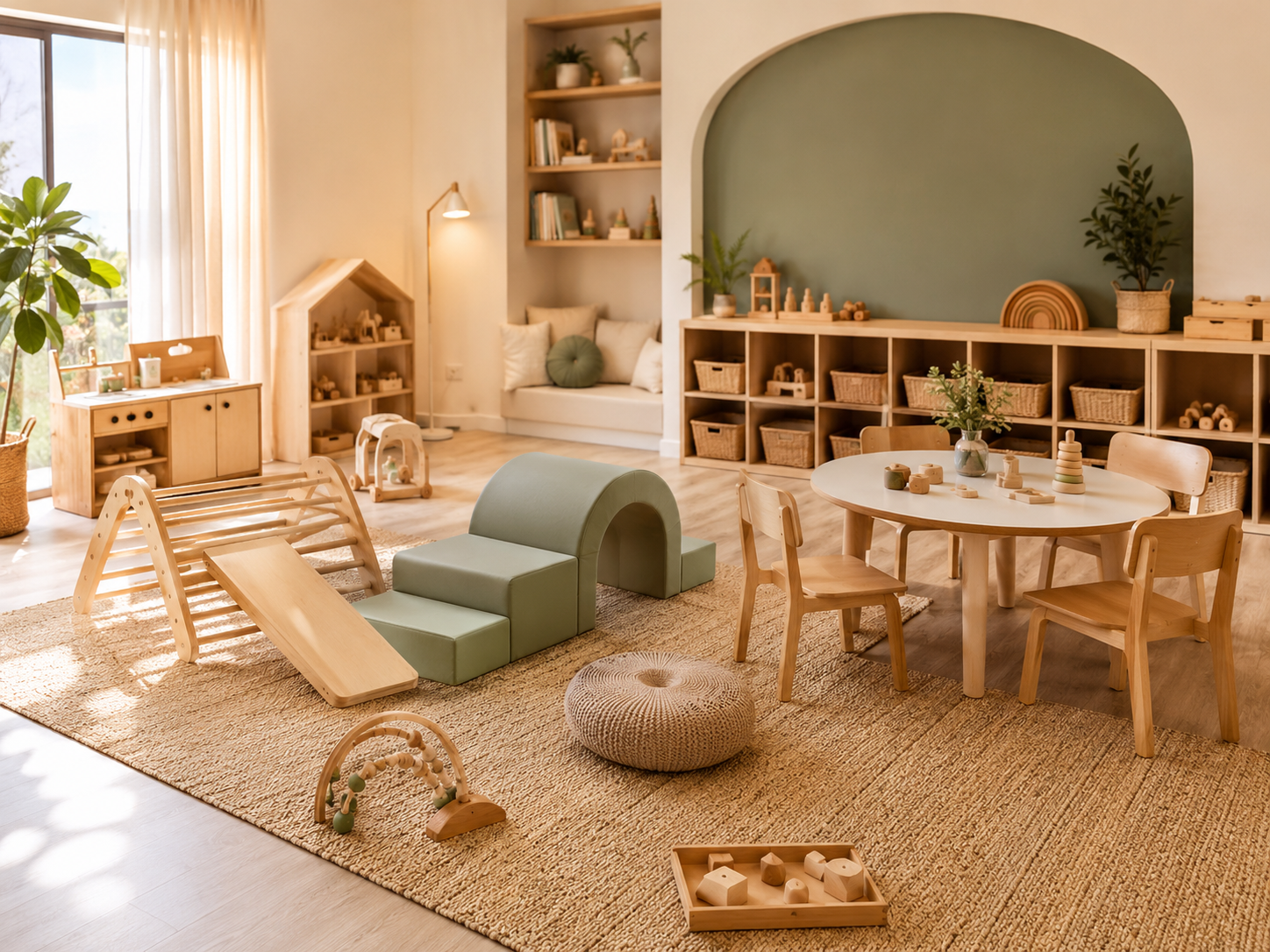 A bright, calm Core Kids play room with wooden furniture, soft toys and gentle natural light