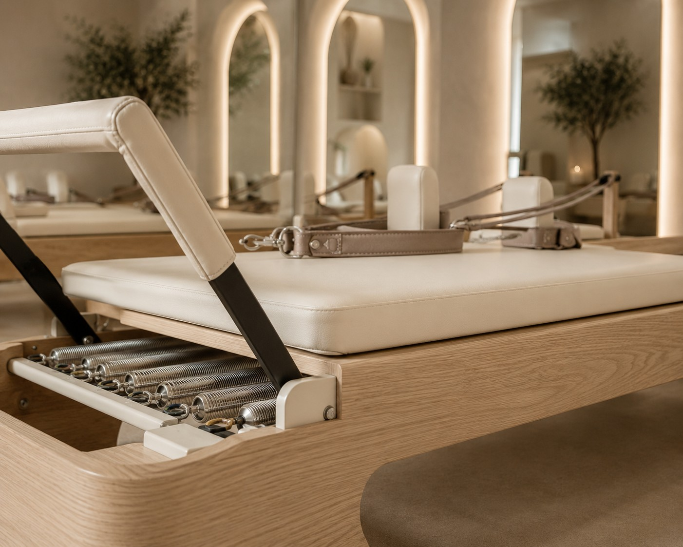 Close-up of a reformer bed with cream upholstery and springs in the Core Essence studio