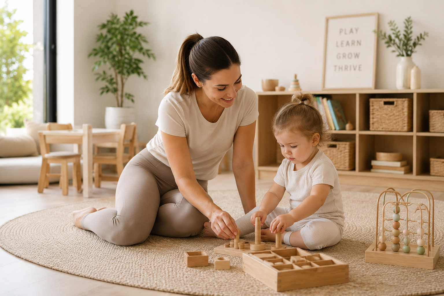A Core Kids carer kneels on the floor with a toddler, playing together with wooden toys in a bright, calm play space