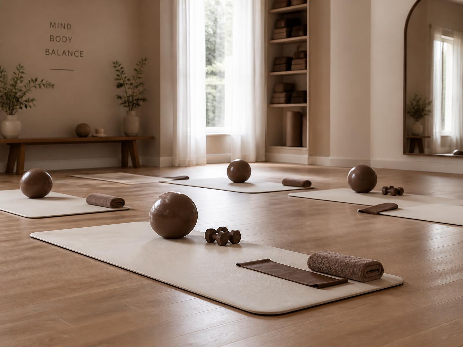 Mat Pilates class on soft neutral mats in a sunlit studio